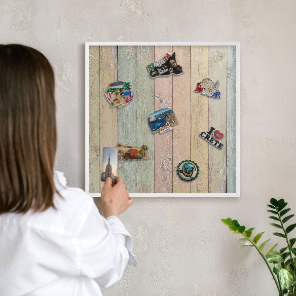 Magnetic board for travel magnets in a white frame Rustic boards