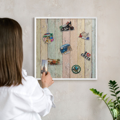 Magnetic board for travel magnets in a white frame Rustic boards