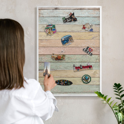 Magnetic board for travel magnets in a white frame Rustic boards
