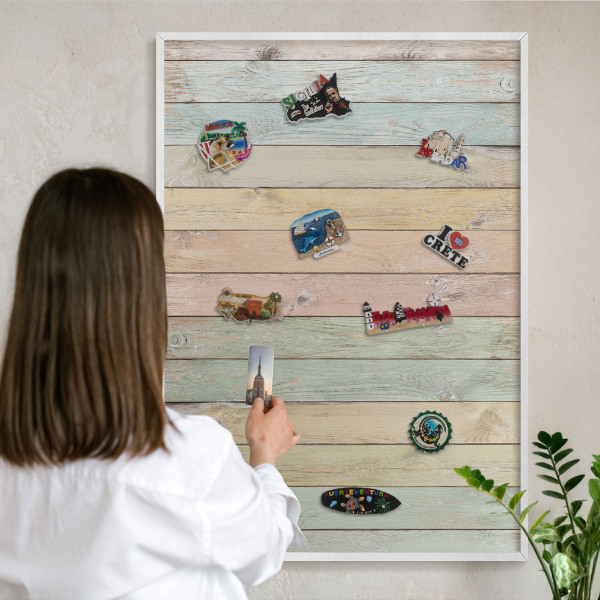 Magnetic board for travel magnets in a white frame Rustic boards