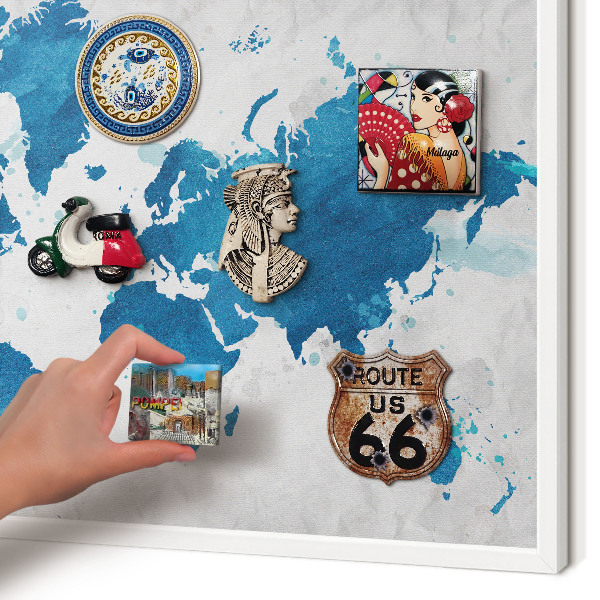 Magnetic board for travel magnets in a white frame Watercolor map
