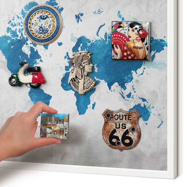 Magnetic board for travel magnets in a white frame Watercolor map