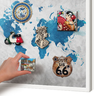 Magnetic board for travel magnets in a white frame Watercolor map