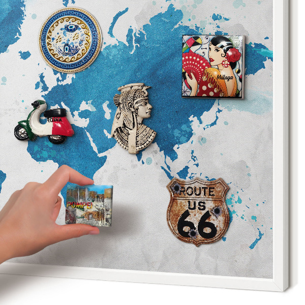 Magnetic board for travel magnets in a white frame Watercolor map