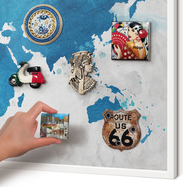 Magnetic board for travel magnets in a white frame Watercolor map