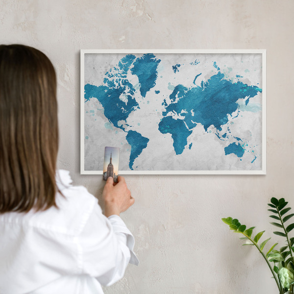 Magnetic board for travel magnets in a white frame Watercolor map