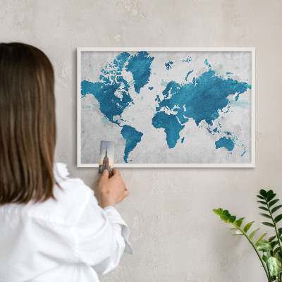 Magnetic board for travel magnets in a white frame Watercolor map