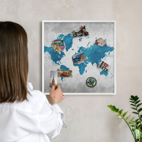 Magnetic board for travel magnets in a white frame Watercolor map