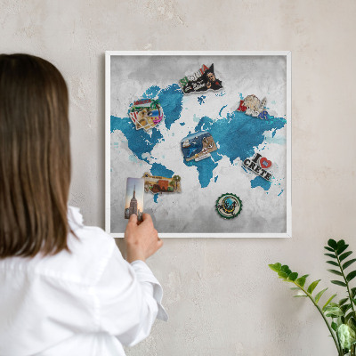 Magnetic board for travel magnets in a white frame Watercolor map