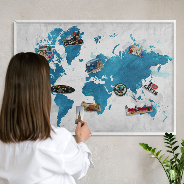 Magnetic board for travel magnets in a white frame Watercolor map