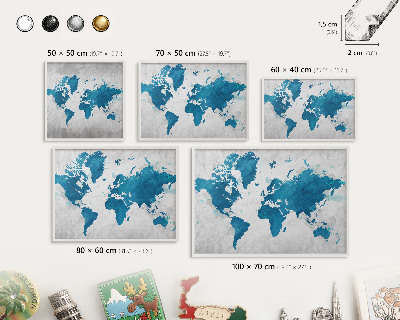 Magnetic board for travel magnets in a white frame Watercolor map