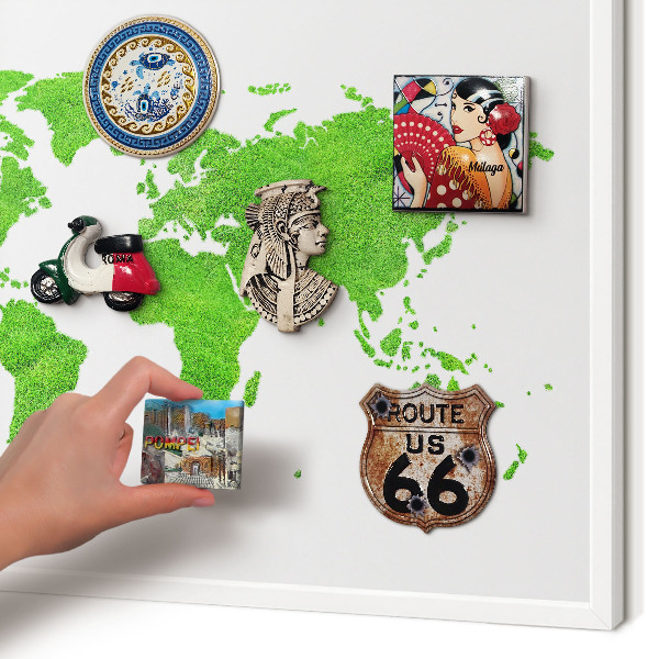 Magnetic board for travel magnets in a white frame Green map