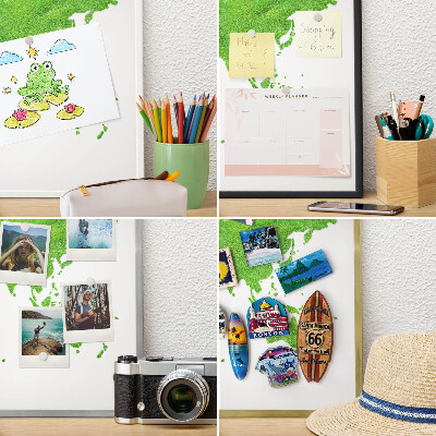 Magnetic board for travel magnets in a white frame Green map