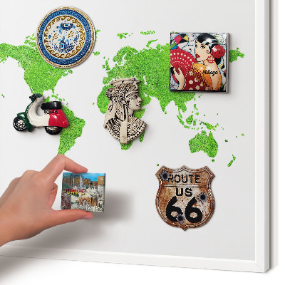 Magnetic board for travel magnets in a white frame Green map