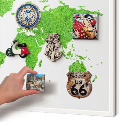 Magnetic board for travel magnets in a white frame Green map