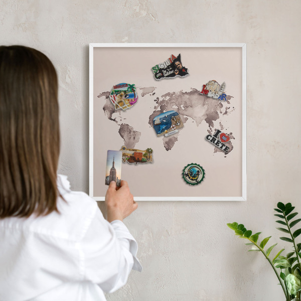 Decorative magnet board with a white frame World map