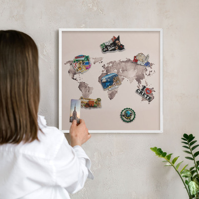 Decorative magnet board with a white frame World map