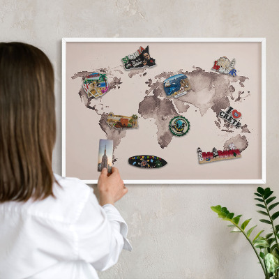 Decorative magnet board with a white frame World map