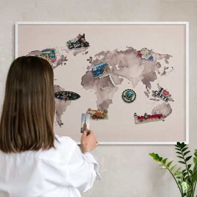Decorative magnet board with a white frame World map
