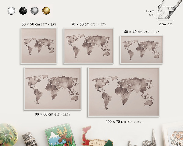 Decorative magnet board with a white frame World map