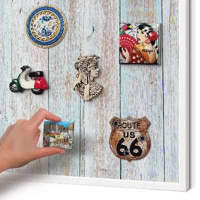 Magnetic board for travel magnets in a white frame Rustic boards