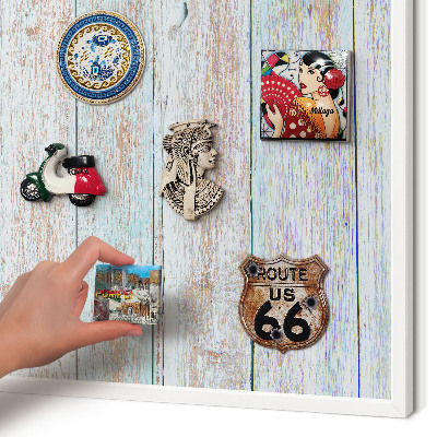 Magnetic board for travel magnets in a white frame Rustic boards