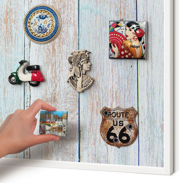 Magnetic board for travel magnets in a white frame Rustic boards