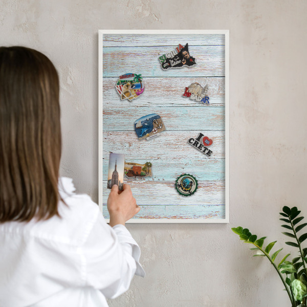 Magnetic board for travel magnets in a white frame Rustic boards