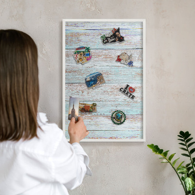 Magnetic board for travel magnets in a white frame Rustic boards