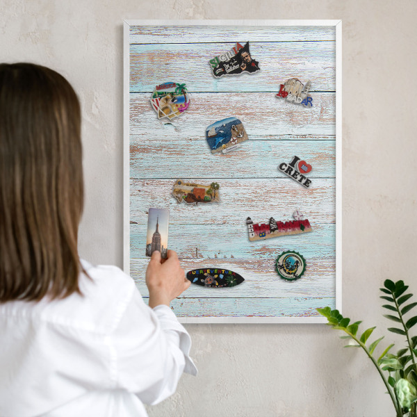 Magnetic board for travel magnets in a white frame Rustic boards