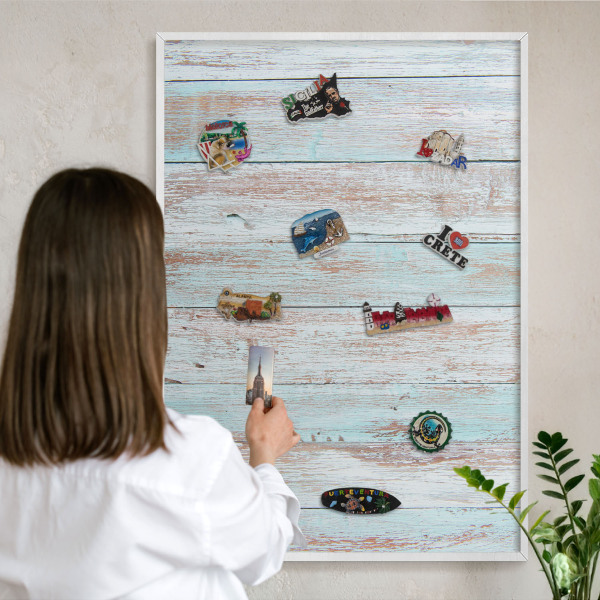 Magnetic board for travel magnets in a white frame Rustic boards