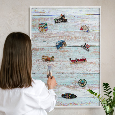 Magnetic board for travel magnets in a white frame Rustic boards