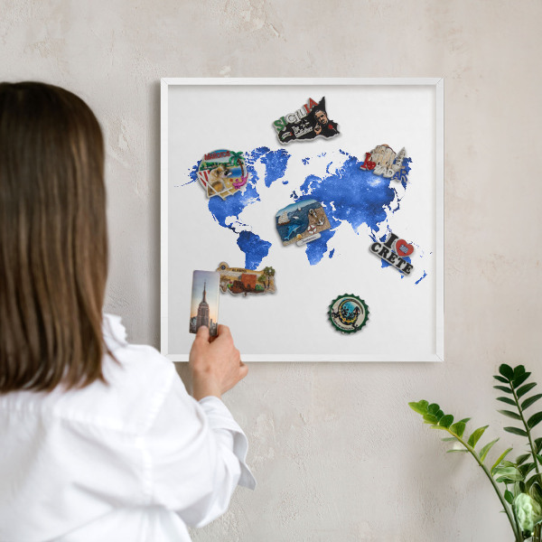 Decorative magnet board with a white frame World map