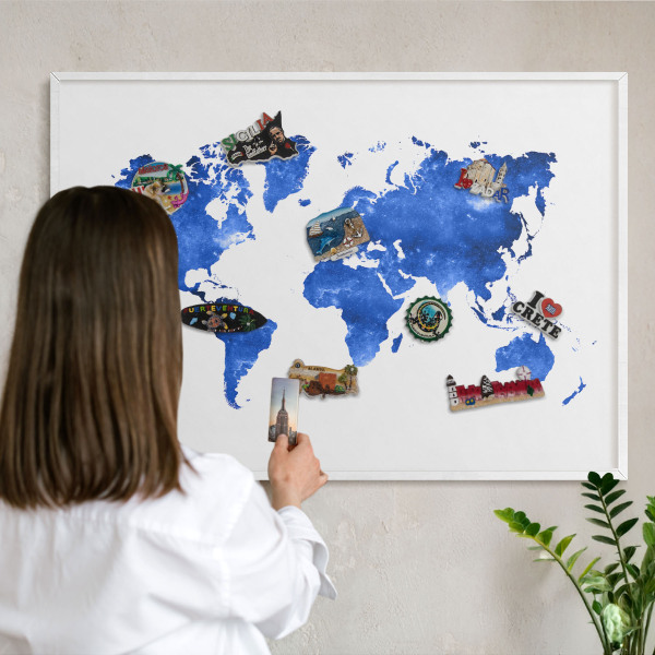 Decorative magnet board with a white frame World map