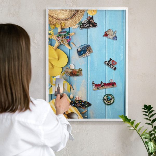 Magnetic board for travel magnets in a white frame Beach vibe