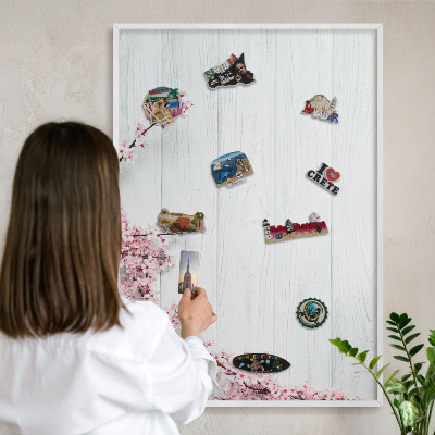 Magnetic board for travel magnets in a white frame Blooming Elegance