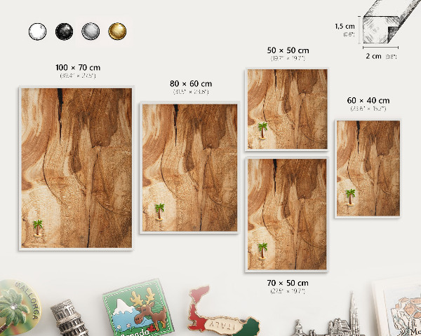 Magnetic board for travel magnets in a white frame Natural wood