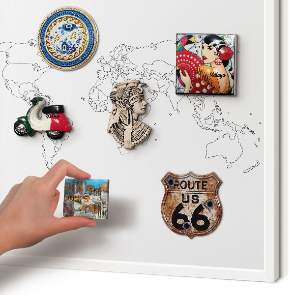 Magnetic board for travel magnets in a white frame Contour map