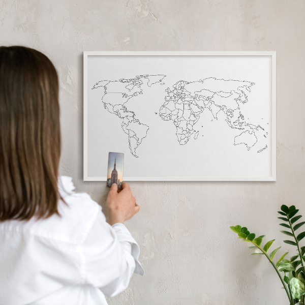 Magnetic board for travel magnets in a white frame Contour map
