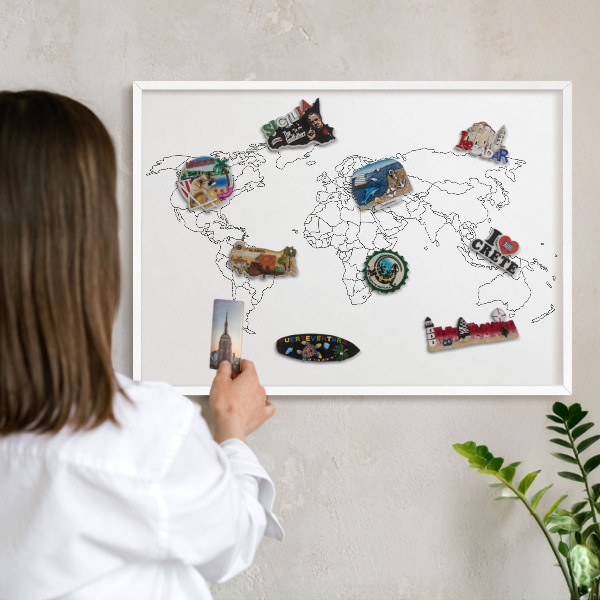 Magnetic board for travel magnets in a white frame Contour map