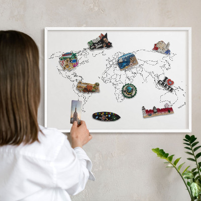 Magnetic board for travel magnets in a white frame Contour map