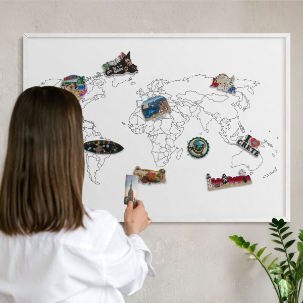 Magnetic board for travel magnets in a white frame Contour map