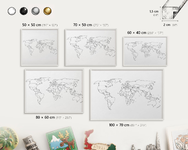 Magnetic board for travel magnets in a white frame Contour map