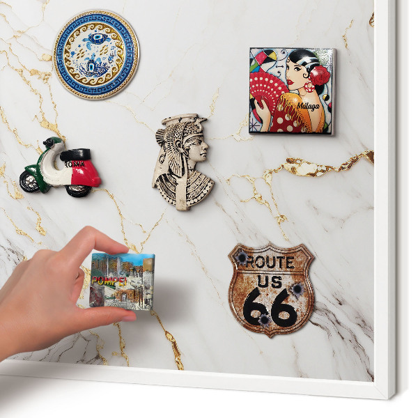 Magnetic board for travel magnets in a white frame Marble elegance