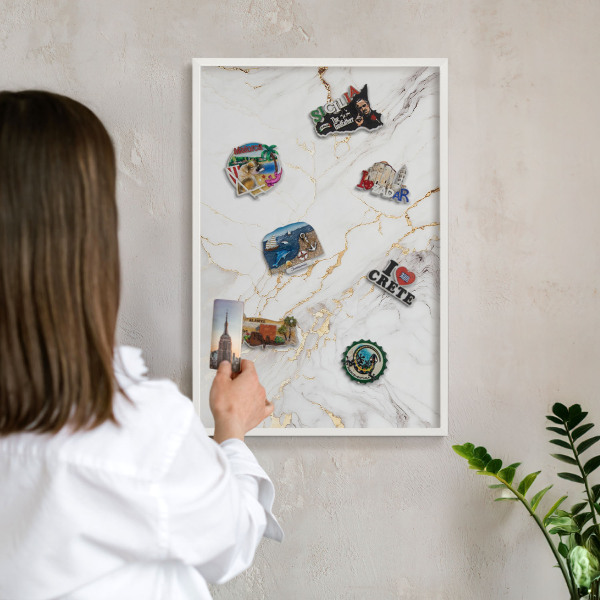 Magnetic board for travel magnets in a white frame Marble elegance