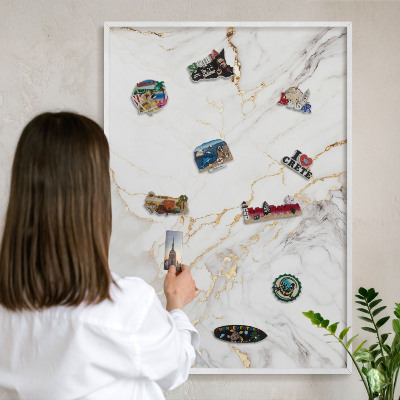 Magnetic board for travel magnets in a white frame Marble elegance