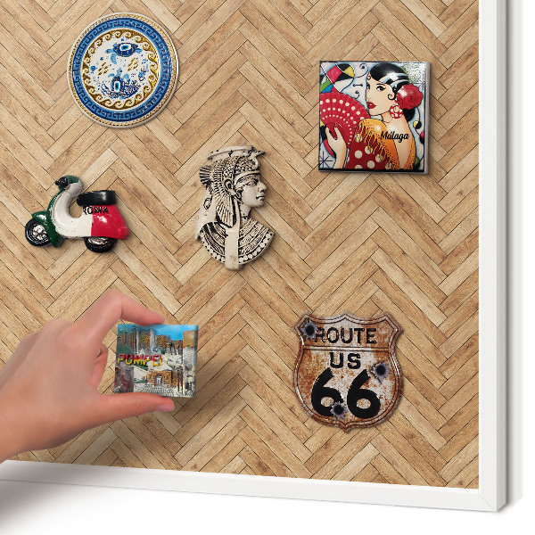 Magnetic board for travel magnets in a white frame Herringbone pattern