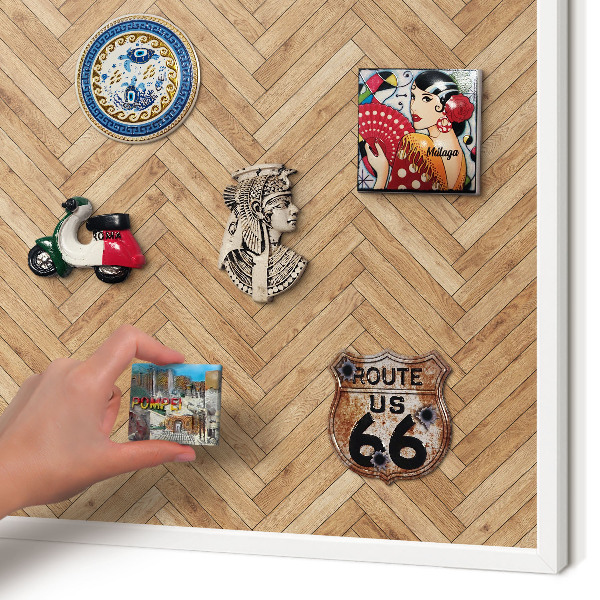Magnetic board for travel magnets in a white frame Herringbone pattern