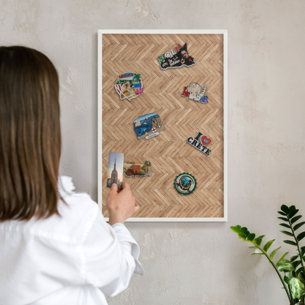 Magnetic board for travel magnets in a white frame Herringbone pattern