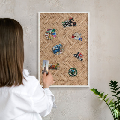 Magnetic board for travel magnets in a white frame Herringbone pattern